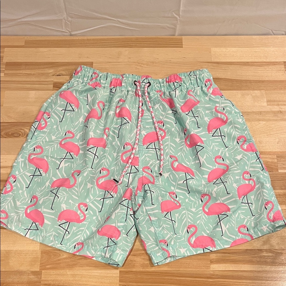 Tropical Flamingo Print Men's Swim Trunks by Broken Threads